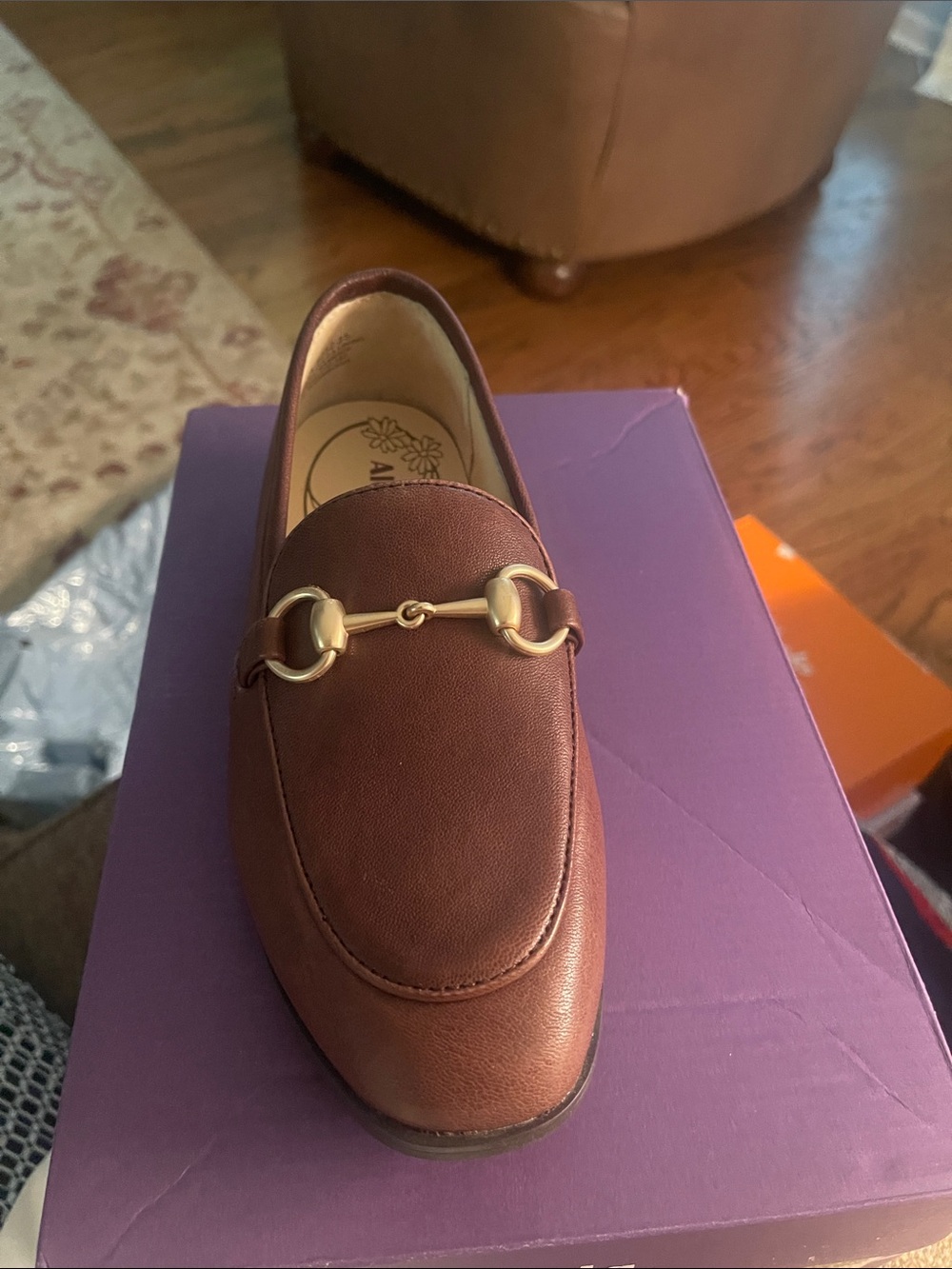 Alegria Women’s Brown Leather Slip-On Loafer with Gold Bit- SZ 35 — NIB